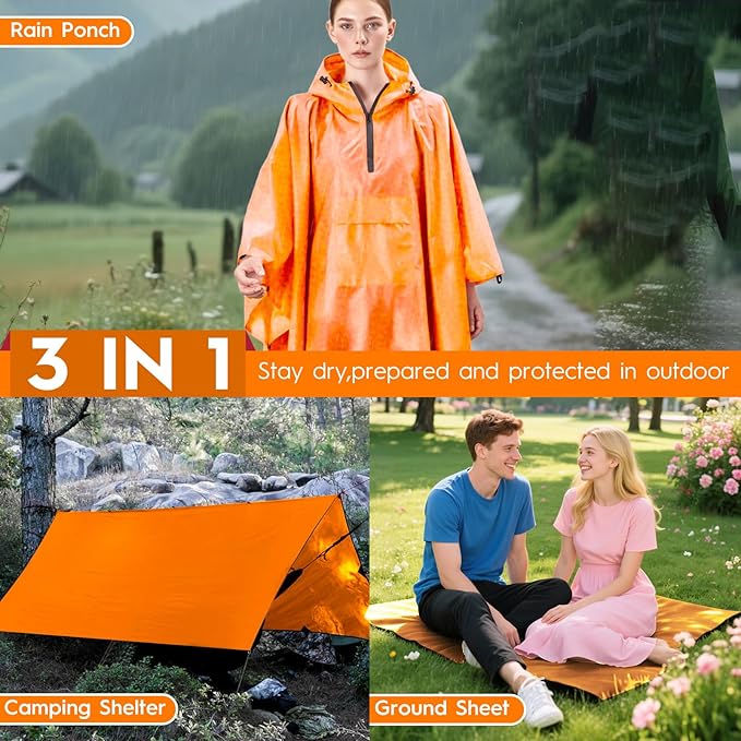 Bruvoalon 3-in-1 Rain Poncho with 1/4 Zip & Chest Pocket, Waterproof, Sunshade, Ground Mat for Adults & Youth Emergency