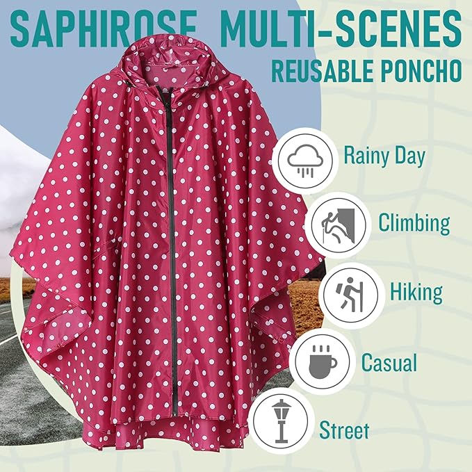 SaphiRose Unisex Rain Poncho Waterproof Raincoat Hooded for Adults Women with Pockets