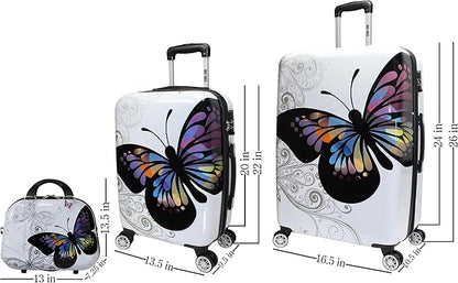 World Traveler Butterfly 3-Piece Polycarbonate Hardside Expandable Spinner Luggage Set with Enhanced Wheel System