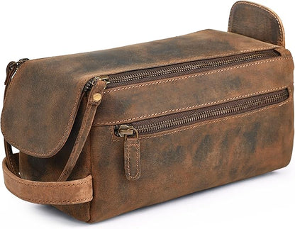 Genuine Leather Travel Toiletry Bag for Men & Women – Premium Water-Resistant Large Dopp Kit, Shaving Organizer & Compact Bathroom Essentials Case – Distressed Brown