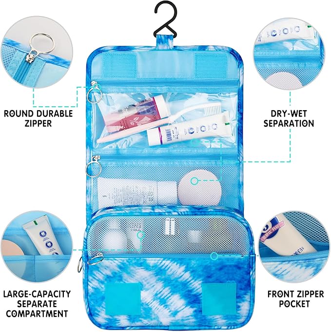 Tie Dye Hanging Toiletry Bag for Girls, Travel Toiletry Bag for Teen Girls Cosmetic Makeup Waterproof Wash Bag Traveling Toiletries, Blue Heart