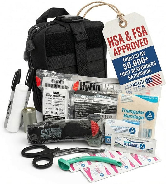 Scherber Premium IFAK Kit Trauma Pack | HSA/FSA Approved | Fully Stocked MOLLE Pouch w/CAT Tourniquet, HyFin Chest Seal, & Israeli Bandage | Trauma Kit for Gunshot, Bleeding, Major Wound Care (Black)