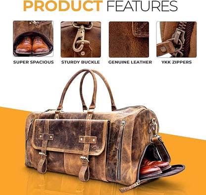 KomalC 24 Inch Leather Duffel Bags for Men and Women Full Grain Leather Travel Overnight Weekend Bags Sports Gym Duffle for Men (Brown Tan with shoe pocket)