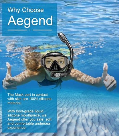 Aegend Snorkeling Gear for Adults Youth Kids, Dry Snorkel Set Panoramic View Enhanced Anti-Leak and Anti-Fog Technology, Adjustable Strap for Snorkeling Scuba Diving Swimming with Mesh Bag