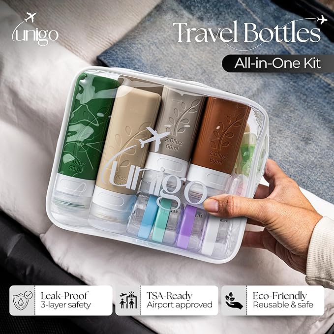 Unigo 30pack Full Set TSA Approved Travel Bottles, Travel Size Containers for Toiletries, Refillable Leakproof Travel Shampoo and Conditioner Bottles, Toiletry Containers,Extra Bottle Sleeves, (C set)