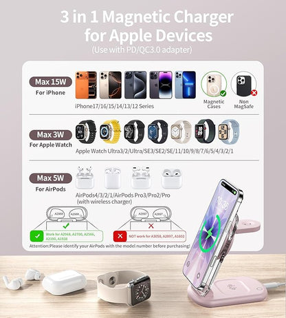 3 in 1 Magnetic Wireless Charging Station for Apple Devices, Fast Foldable Travel Mag-Safe Charger Stand with Night Light for iPhone 17 16 15 14 13 12 Series, Apple Watch/AirPods Pro, PK