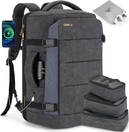 Tzowla 40L Canvas Expandable Travel Laptop Backpack for Men Women Carry on Flight Approved,Large Capacity Anti Theft Backpacks with USB Port,Vintage Personal Item Bag Fit 17.3" Laptop(Black & Blue)