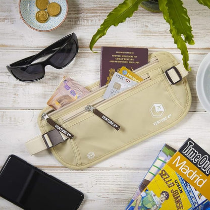 VENTURE 4TH Money Belt for Travel – Hidden Under-Clothes RFID Blocking Passport Holder & Slim Travel Wallet Pouch for Men & Women to Protect Cash, Cards & Documents (Beige)