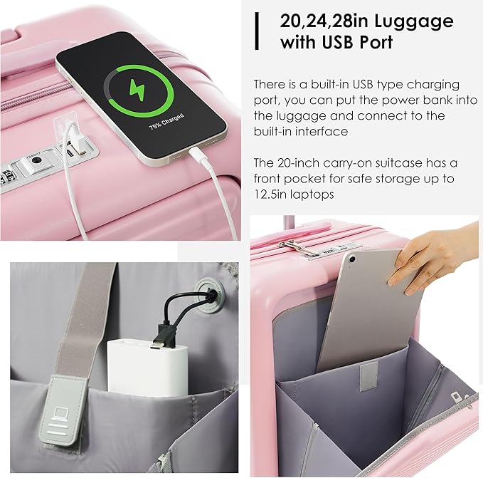 Luggage Sets 3 Pcs, Hardside Suit case with Front Pocket Cup Holder and TSA Lock