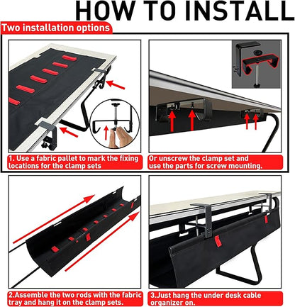 Under Desk Cable Management,No Drill 36",cord organizer,with Silicone Pads (No Scratch!)16 Cable Ties,Washable PE Honeycomb Base,Clamp/Screw Mount-Fits Any Desk 0-2.1",No Stinky Cardboard! Black