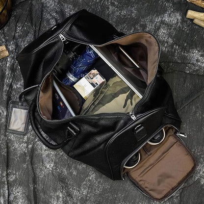 Leather Travel Bag Large Capacity Luggage Duffel Bag with Shoe Compartment, Men Women Weekend Shoulder Handbag for Holiday Business Trip (55cm-Black)