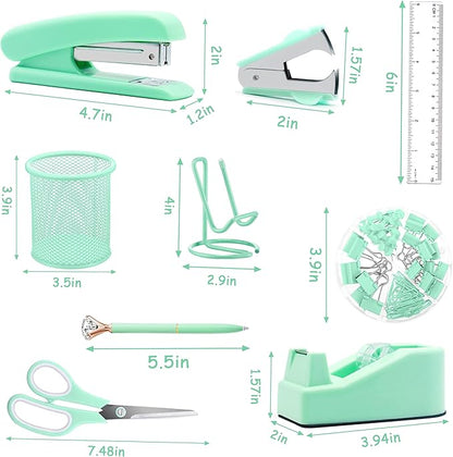 Green Office Supplies, Green Desk Accessories, Stapler, Staple Remover, Tape Holder, Pen Holder, Ballpoint Pen, Scissor, Binder Clips, 1000pcs Staples, Phone Holder, Ruler, Transparent Glue and Notes
