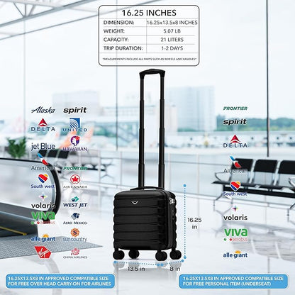 Flight Knight Carry On Suitcase 16.25x13.5x8 Hardside TSA Lock & USB Port Lightweight Luggage Silent Double Spinner Wheels Maximum Underseat Carry-On Bag For Virgin & South West Approved Airlines