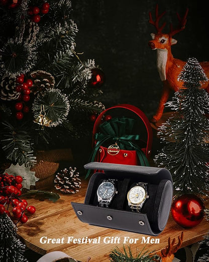 MR.OKAY 2 Watch Travel Case- Classic Leather Watch Case With Superb Texture.Portable Watch Roll Or Organizer For Storage And Display. Best Travel Gift for Men,All Handcrafted By Artisans.