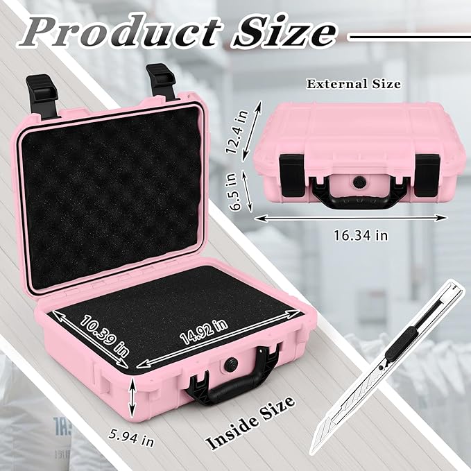 1 Pcs 16.3 x 12.4 x 6.5 Inch Waterproof Hard Case with DIY Customizable Foam Insert Portable Protective Case with Knife for Camera Drones Equipments Tools Test Instruments (Pink)