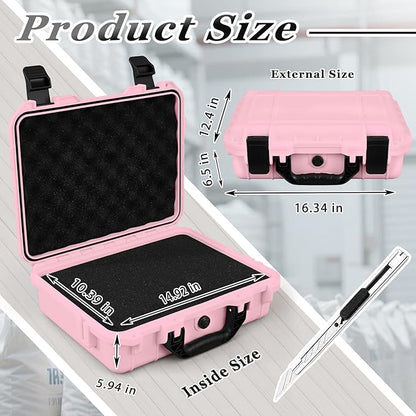 1 Pcs 16.3 x 12.4 x 6.5 Inch Waterproof Hard Case with DIY Customizable Foam Insert Portable Protective Case with Knife for Camera Drones Equipments Tools Test Instruments (Pink)