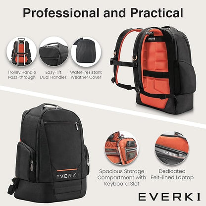 EVERKI ContemPRO 117 Laptop Backpack Fits up to 18.4” – Gaming, 42L Large Travel Backpack with Water-Resistant Rain Cover for Women & Men – Spacious Business Laptop Bag – Black (EKP117B)