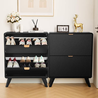 RARZOE Set of 2 Fluted Shoe Storage Cabinets for Entryway, Narrow Curved Shoe Cabinet with 2 Flip Drawers, Freestanding Wood Hidden Shoe Organizer Closed Shoe Rack Cabinet for Foyer,Hallway (Black)