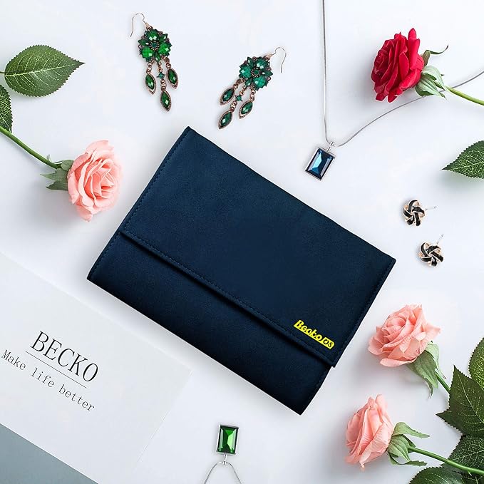 Becko US Jewelry Organizer Roll Travel Jewel Bag case for Multiple Necklaces, Rings, Bracelets, Supple Leather & Suede, Large Capacity Without Crease, Lightweight, Portable & Practical (Dark Blue)