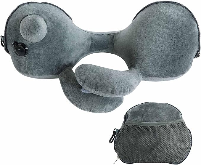 Inflatable Travel Neck Pillow for Airplane & Long Flights | 360° Cervical Support | Ultra-Compact & Lightweight with Washable Velour Cover | Easy Manual Pump Inflation