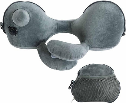 Inflatable Travel Neck Pillow for Airplane & Long Flights | 360° Cervical Support | Ultra-Compact & Lightweight with Washable Velour Cover | Easy Manual Pump Inflation