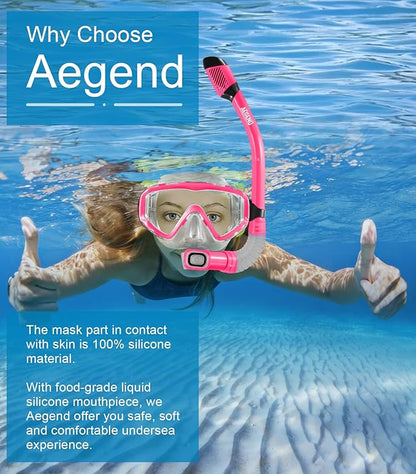 Aegend Snorkeling Gear for Adults Youth Kids, Dry Snorkel Set Panoramic View Enhanced Anti-Leak and Anti-Fog Technology, Adjustable Strap for Snorkeling Scuba Diving Swimming with Mesh Bag