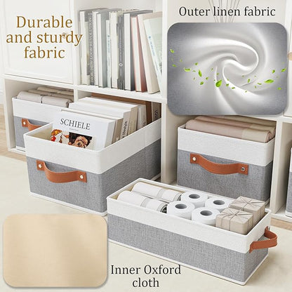 OUTBROS Storage Bins, Foldable Storage Baskets for Organizing, Fabric Storage Boxes With Handles,For bedrooms, living rooms, Shelves, Gray/White, 16.1x6.5x9.8 inch, 3-Pack