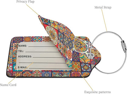 2 Pcs Luggage Tags for Suitcase, Cute Unique PU Leather Travel Bag Tag with Privacy Cover ID Label Address Card and Durable Metal Ring Suitable for Men Women Children Backpack,Bohemia