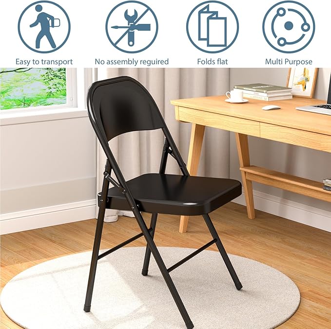 V&LX Folding Chairs All Steel Frame with Double Hinged for Wedding, Banquets, Celebrations, Dinning, Office Kitchen Patio and Garden, Set of 4, Black