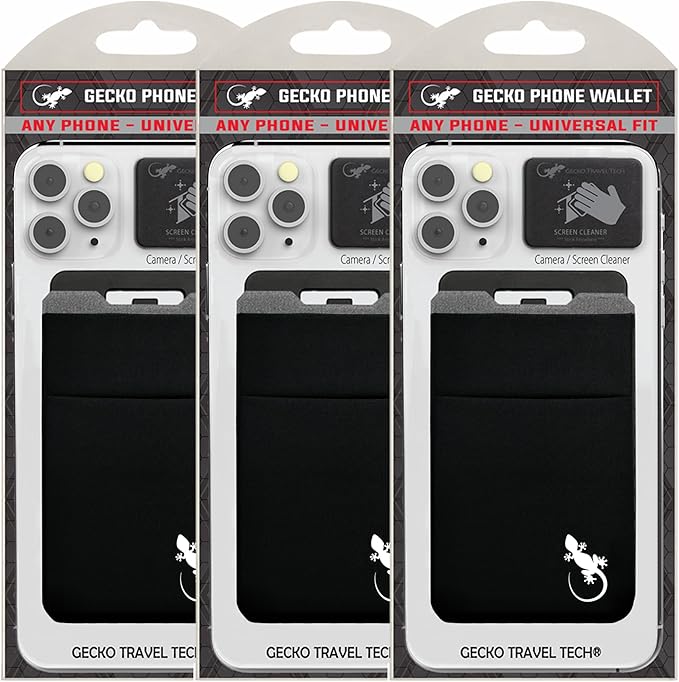 Gecko Travel Tech Double Pocket - Adhesive Card Holder - Cell Phone Pouch - Stick on Spandex Pocket - Carry Credit Cards and Cash (3 PACK - BLACK WHITE)