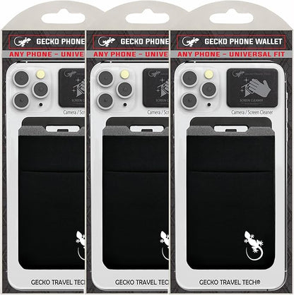 Gecko Travel Tech Double Pocket - Adhesive Card Holder - Cell Phone Pouch - Stick on Spandex Pocket - Carry Credit Cards and Cash (3 PACK - BLACK WHITE)