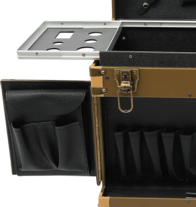 Beauty Rolling Makeup Train Case, Professional Lockable Rolling Salon Luggage, Retro-Rolling Cart Storage Organizer Trolley Make Up Case, 4 Universal Wheels, Retractable Rod, Buckle (Gold)
