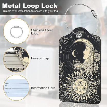 2Pack Luggage Tags for Suitcases, Cute Unique Pu Leather Cruise Luggage Tag with Privacy Cover ID Label Address Card and Metal Ring Suitable for Women Men Kids Travel Bag Sun, Moon, Face and Flower