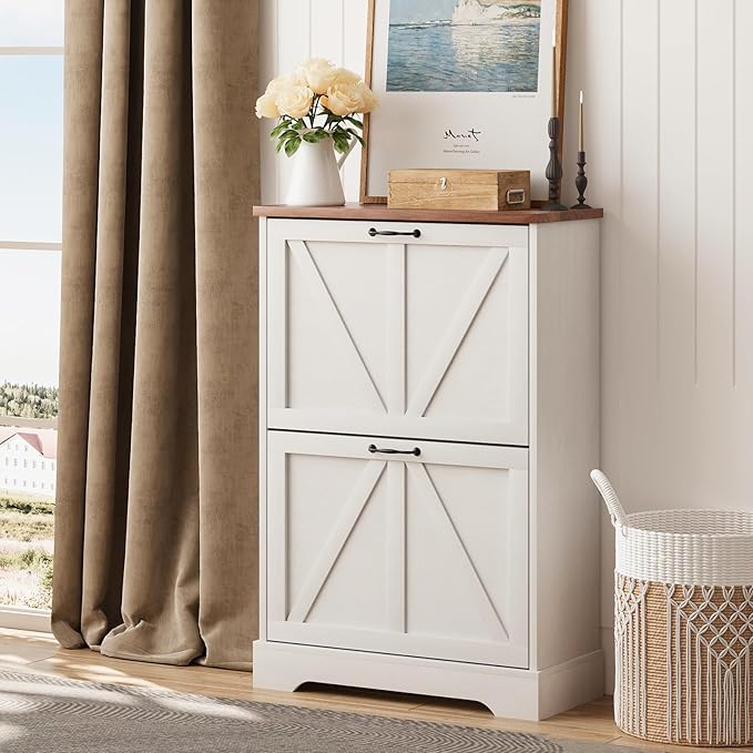 Shoe Cabinet, Shoe Storage Cabinet for Entryway with 2 Flip Drawers, Narrow Farmhouse Shoe Organizer Cabinet, Slim Shoe Rack Cabinet, White