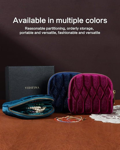 Small Travel Jewelry Case, Mini Travel Jewelry Bag with Zipper, 5-Layer Velvet Organizer Pouch for Bracelet Rings Earrings - Diamond Stitched Velvet BarbiePink