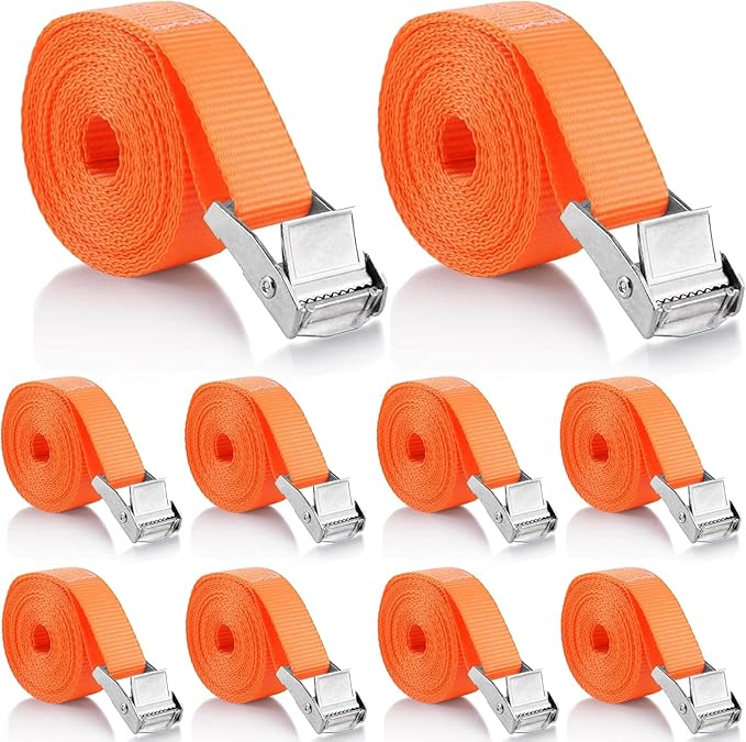 10-Pack Lashing Straps, 16ft x 1" Tie Down Straps with Kayak Cam Buckles - Heavy Duty, Secure up to 600 lbs for Kayak, Cargo, Luggage, Canoe, Bicycles, Motorcycles, Trucks (Orange)