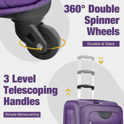 Merax Luggage Set, Softside Suitcase 3 Piece, Expandable Lightweight Luggage Sets with Duffel Bag 22" 26" 30" Suitcase with Wheels TSA Lock,Purple