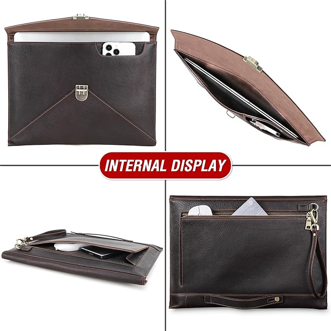 Top Grain Leather 14.2" Slim Laptop Bag Case, Envelope Style, Removable Wristlet & 3 Pockets, Fits MacBook Pro 14 Inch 2021 2022 M1 Pro/M1 Max A2442 & Other Laptop, Black Coffee 14.2 Inch