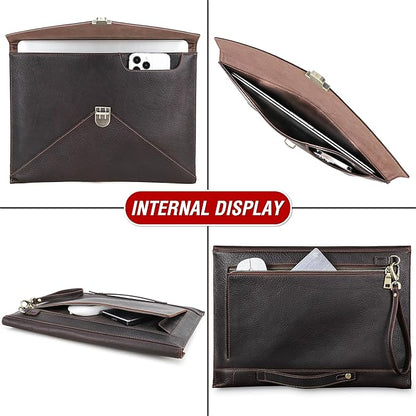 Top Grain Leather 14.2" Slim Laptop Bag Case, Envelope Style, Removable Wristlet & 3 Pockets, Fits MacBook Pro 14 Inch 2021 2022 M1 Pro/M1 Max A2442 & Other Laptop, Black Coffee 14.2 Inch