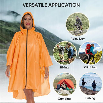 PTEROMY Hooded Rain Poncho for Adult with Pocket and Zipper, Waterproof Lightweight Raincoat for Men and Women