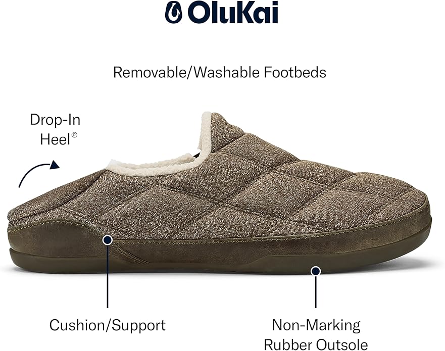 OLUKAI Puku'i Men's Fleece Slippers, Comfortable Activewear Slippers, Premium Full-Grain Leather & Jersey Knit, Drop-In Heel & All-Day Comfort