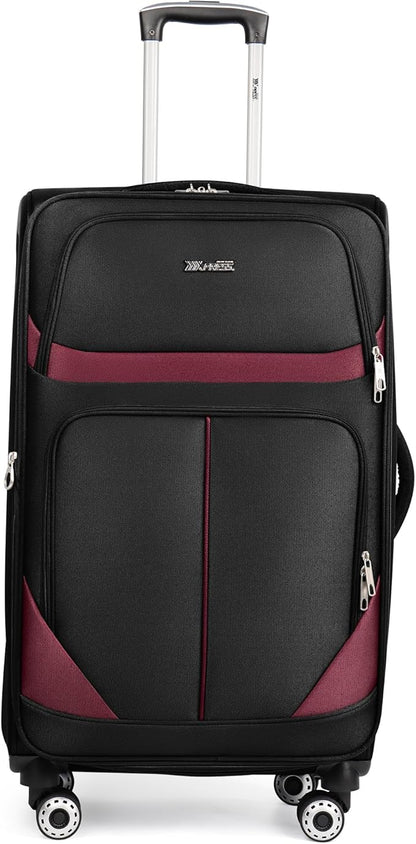 28" Large Softside Expandable 15% Checked Luggage with Double Spinner Wheels LOCK,Lightweight Travel Suitcase for Men/Women（Black-Burgund,28in）