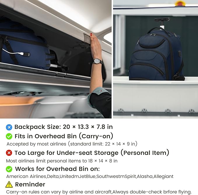 Boavan Rolling Backpack,17 inch Water Resistant Wheeled Backpack,Carry on Luggage Business Bag, Overnight College Computer bag Trolley Suitcase for Men Women Adults to Travel，Black