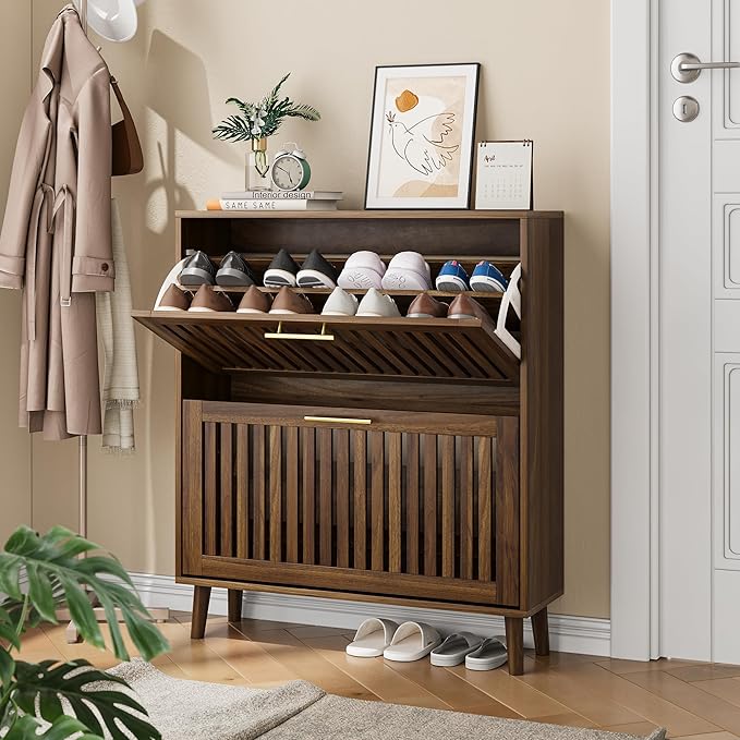 Walnut Shoe Cabinet with 2 Flip Drawers for Entryway,Narrow Shoe Storage Cabinet with Solid Wood Leg,Freestanding Slim Shoe Organizer for Hallway