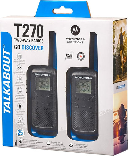Motorola Solutions, Portable FRS, T270, Talkabout, Two-Way Radios, Rechargeable, 22 Channel, 25 Mile, Black W/Blue, 2 Pack
