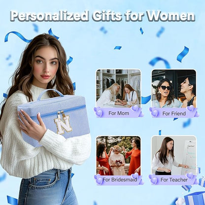 Personalized Monogram Makeup Bag, 3PCS Custom Monogrammed Toiletry Cosmetic Bag for 6-18 Teen Girls Women,Birthday Graduation Gifts Initial Pouch Makeup Bags for Women Girls, Make Up Bag (J, Blue)