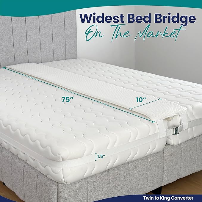 10" Extra Wide Bed Bridge Twin to King Converter Kit - Split King Gap Filler for Adjustable Bed - Mattress Connector & Gap Filler for Bed - Heavy Duty Metal Buckle Strap - 25D Memory Foam