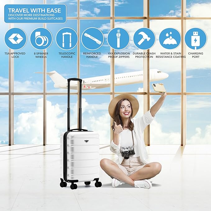 Flight Knight 21.5x15.5x9" Expandable Carry On Suitcase Hardside TSA Lock & USB C Port Lightweight Luggage Silent Double Spinner Wheels Maximum Canada Air Overhead Carry-On Bag Many Airlines Approved