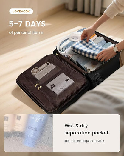LOVEVOOK Carry on Suitcase 22x14x9 Airline Approved,20 inch Lightweight Waterproof Suitcases with 360° silent swivel wheels, TSA Lock and Compartment, Large Capacity travel Suitcase Black-White-brown