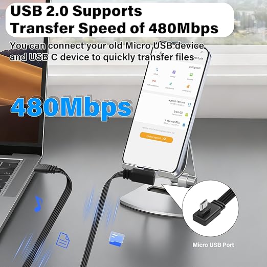 Flexible USB Type-C to Micro USB Cable,90 Degree Micro 5pin to USB C Flat Data Cable,Type C-to-Micro Short Flat Cable Supporting Charging& DataTransfer,for Phone,Camera,Laptop-30CM(Left)